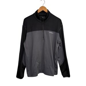 Eddie Bauer Men Pullover Sweater Large Black Gray 1/4 Zip Collar Active Freeheat